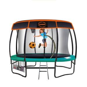 Kahuna Trampoline 12 ft with Basketball Set and Roof - Green