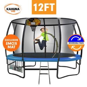 Kahuna Pro 12 ft Trampoline with Emoji Mat Reversible Pad Basketball Set
