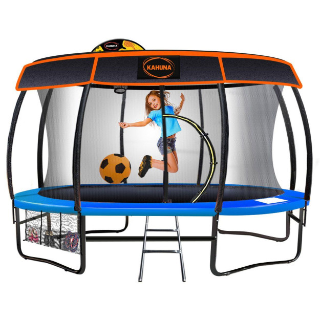 Kahuna Trampoline 14 ft with Basketball Set and Roof - Blue
