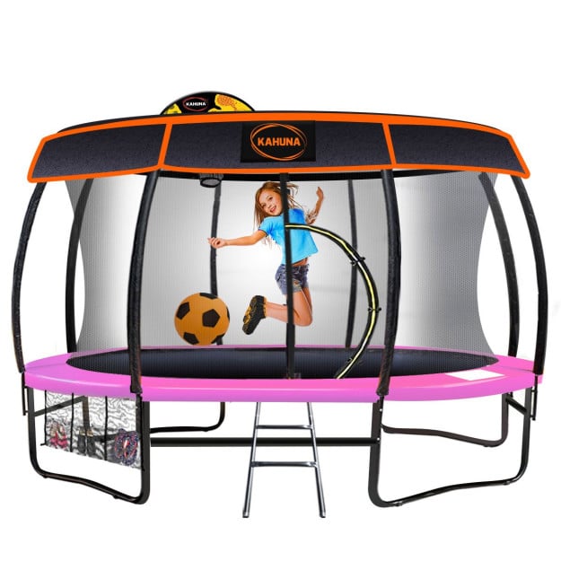 Kahuna Trampoline 14 ft with Basketball Set and Roof - Pink