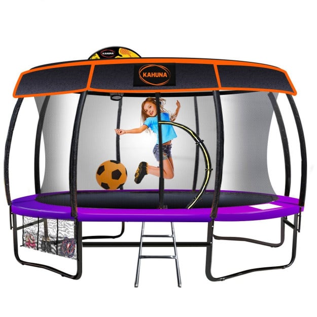 Kahuna 16 ft Trampoline with Basketball Set and Roof - Purple