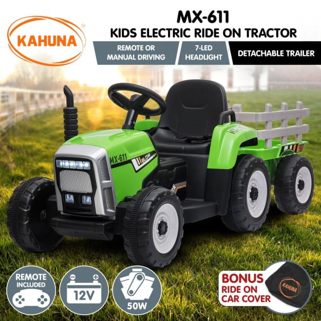 Kahuna MX-611 Kids Electric Tractor Trailer Car Green Grey