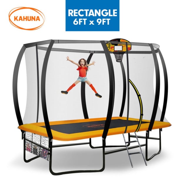 Kahuna 6 ft x 9 ft Rectangular Outdoor Trampoline with Basketball Set - Orange