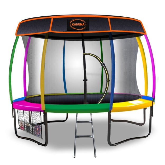 Kahuna 16 ft Trampoline with Basketball Set and Roof - Rainbow