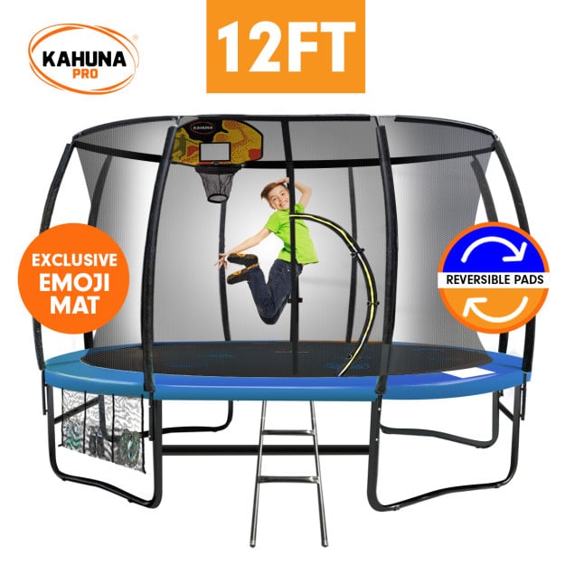 Kahuna Pro 12 ft Trampoline with Emoji Mat Reversible Pad Basketball Set