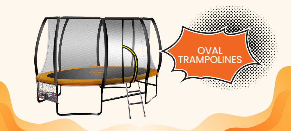 An orange oval Kahuna trampoline with ladder 