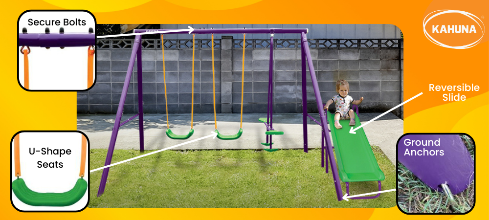 Parts of the Kahuna swing set with reversible slide 