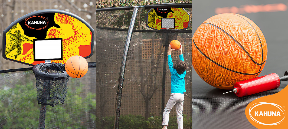 Collage of a Kahuna hoop and included mini basketball