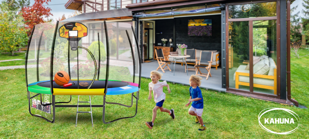 Lifestyle image of a trampoline with a roof or basketball kit