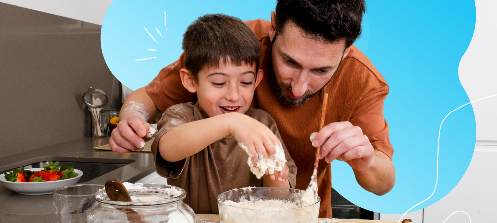 A dad teaching his son how to bake at home