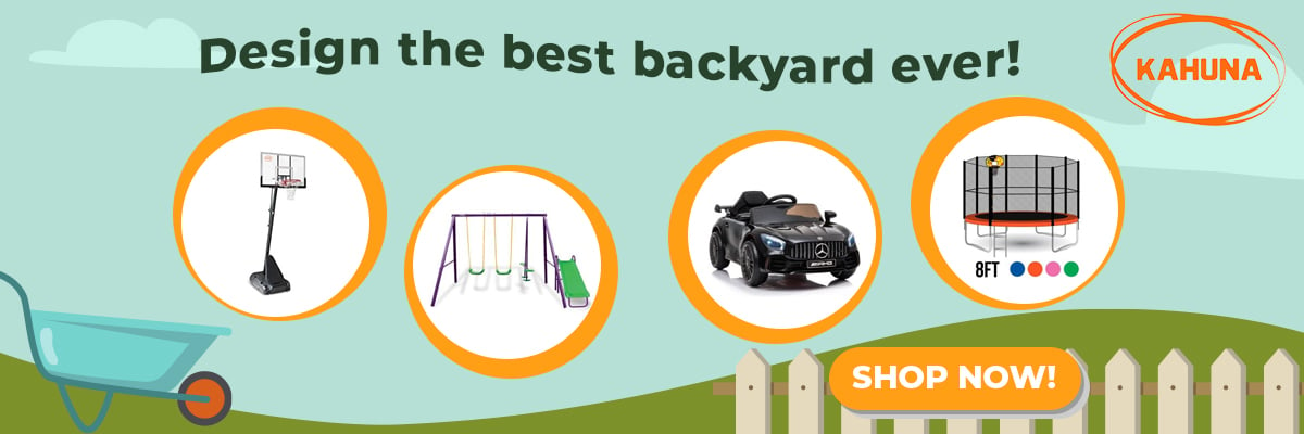 Design the best backyard ever with basketball kits, swings, ride ons and trampolines 