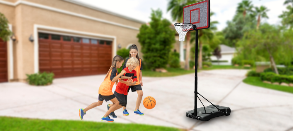 Children playing basketball in a spacious backyard