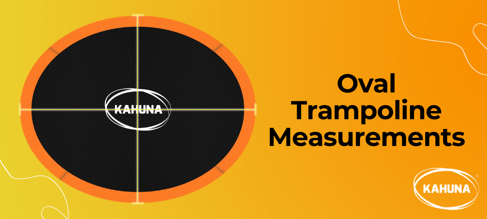 An oval trampoline with measurement lines lengthwise and crosswise