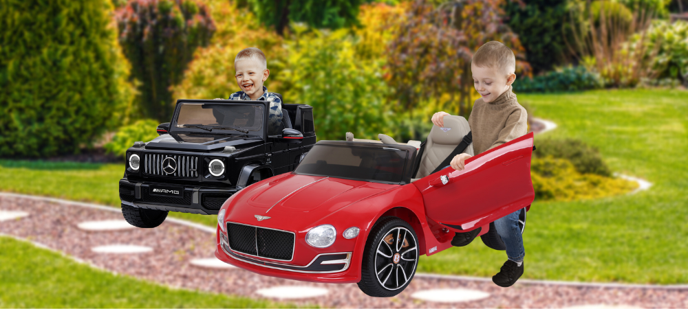 Two toddlers getting into their ride on cars
