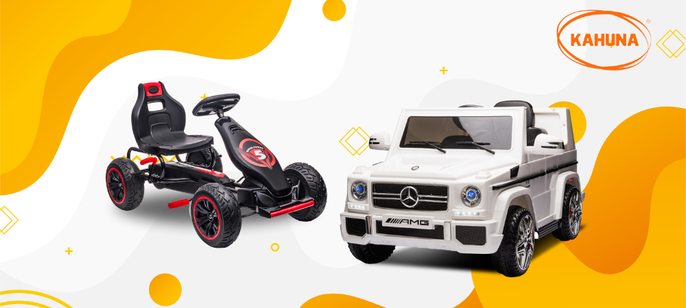 A red pedal kart next to a Kahuna Mercedes AMG ride on car 