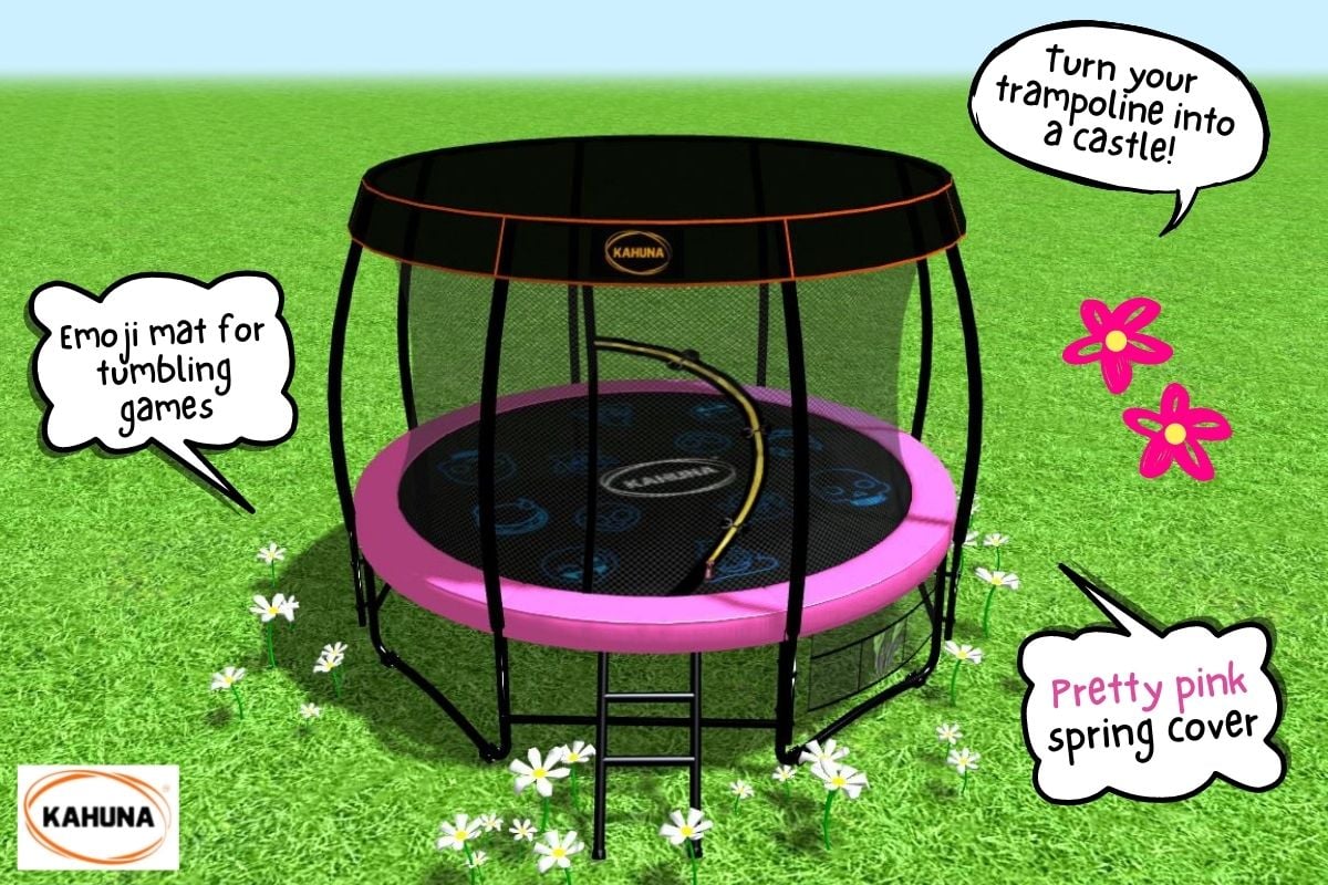 A pink Kahuna classic trampoline with a roof shade and emoji printed mat 