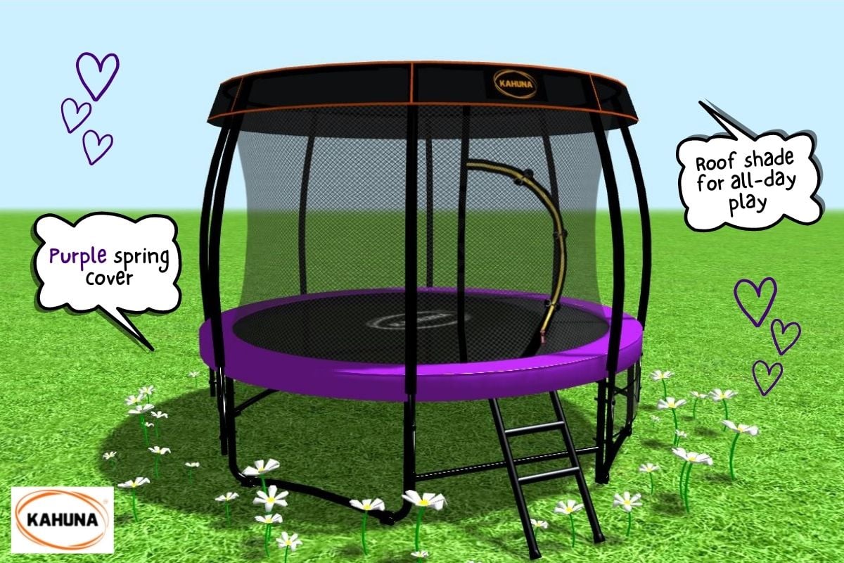 A purple Kahuna Classic trampoline with a roof shade