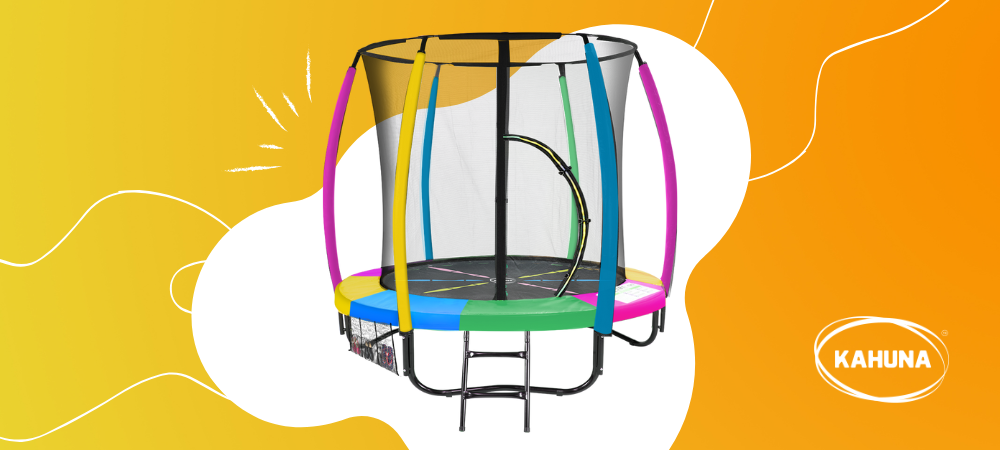 A Kahuna trampoline with rainbow pole sleeves and pad