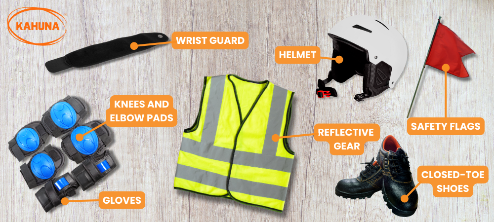 A collage depicting safety gear for ride ons, including a helmet, safety flags and more 