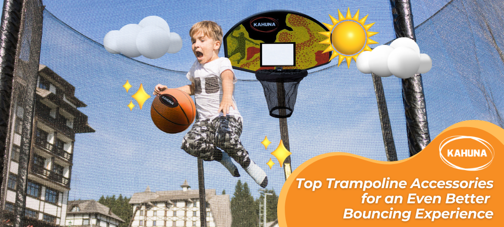 Kid jumping on a Kahuna trampoline with a basketball hoop