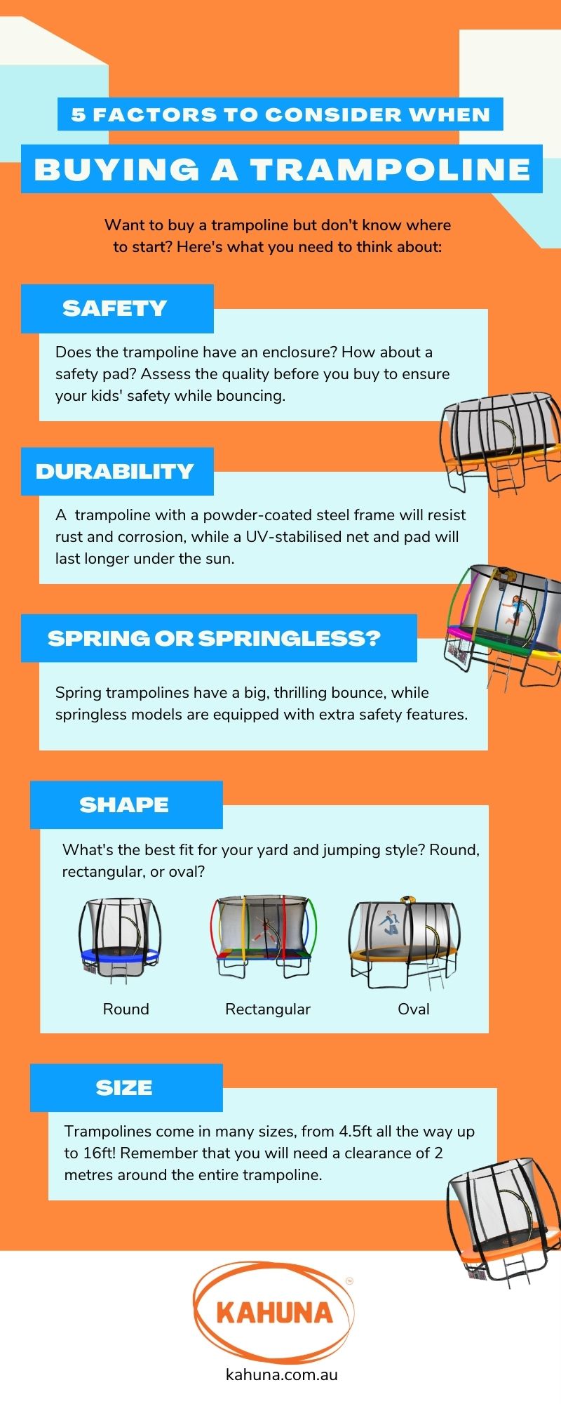 The 5 things you need to consider when buying a trampoline are safety, durability, type, shape and size.