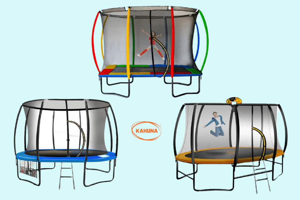 A round trampoline, rectangular trampoline and an oval trampoline
