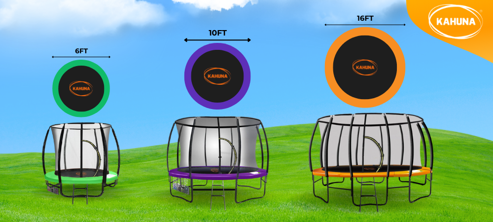 A 6ft, 10ft and 16ft Kahuna trampoline in a grassy field
